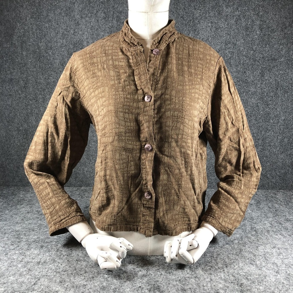 Russ Berens‎ Shirt Womens Small Brown Mandarin Collar Hand Colored Made USA